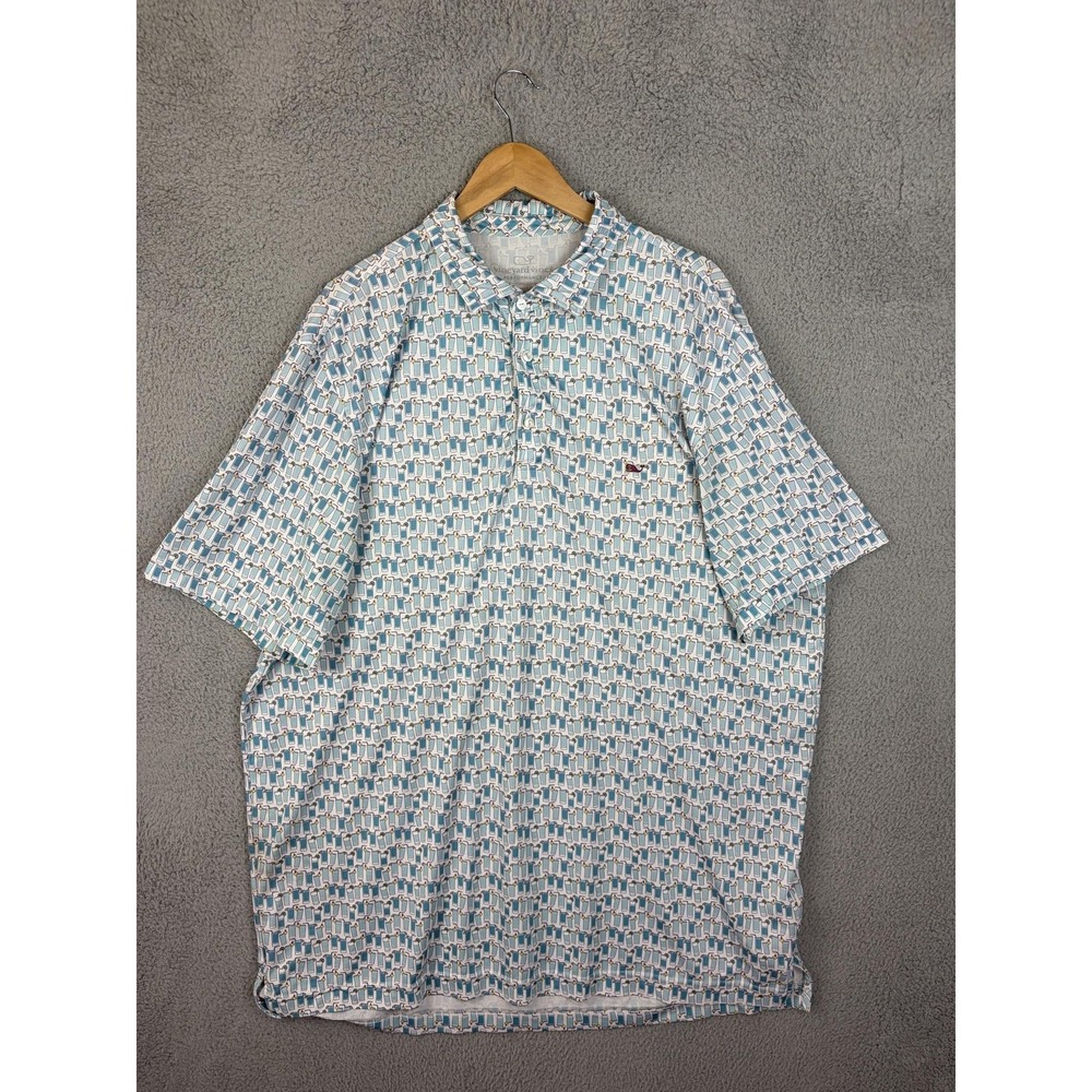 Vineyard Vines Cocktail Print Golf Polo Shirt Mens XL Blue Stretch Performance